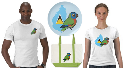 St Lucia Amazon Birdorable t-shirts, plate and bag