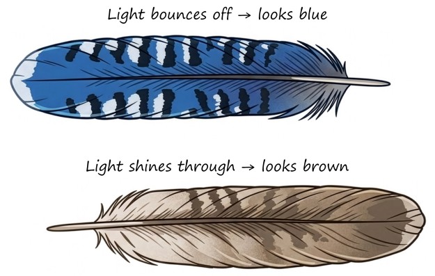 Illustration of a Blue Jay feather shown twice: lit normally on top, it looks bright blue with black and white barring; backlit on the bottom, the same feather looks plain brown.