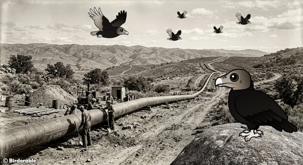 Vintage sepia photograph of workers laying a large steel gas pipeline across dry California hills, with cartoon Birdorable Turkey Vultures added: one perched on a boulder in the foreground and several more circling in the sky above.
