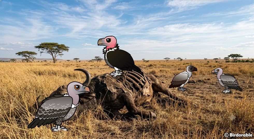 Illustration of Birdorable vultures at a carcass on the African savanna: a Lappet-faced Vulture with a pink head stands on top of the carcass while a Rüppell's Vulture waits beside it and a White-backed Vulture and a second Rüppell's Vulture look on from the dry grass nearby.