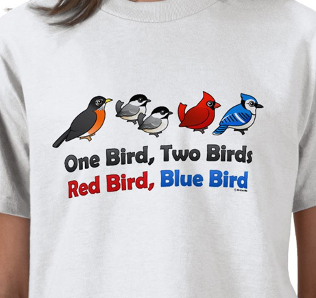 One bird, two birds, red bird, blue bird