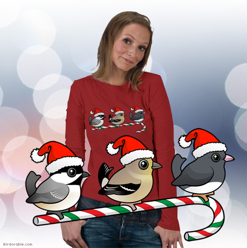 Ladies Long Sleeve t-shirt with Birdorable Christmas Chickadee, Goldfinch and Junco