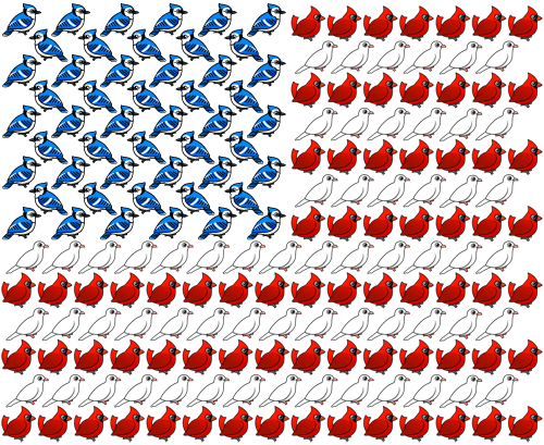 USA flag made of Birdorable Red Cardinals, White Doves and Blue Jays